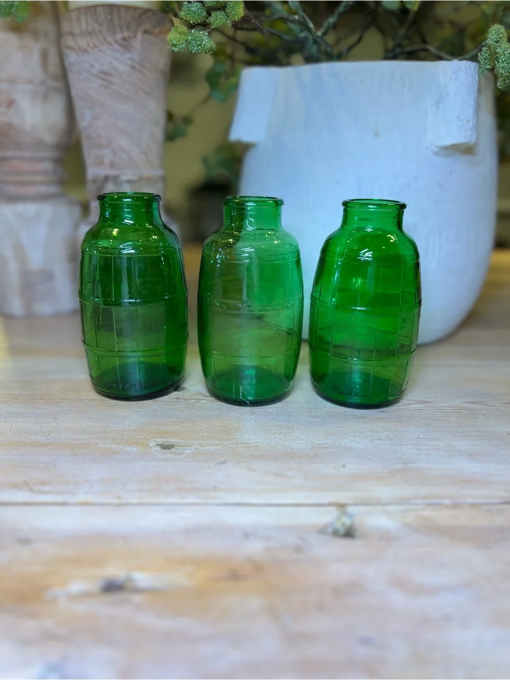 Set 3 Vintage Mickey's Fine Malt Green Glass Barrel Bottles 1960 Patent Pending